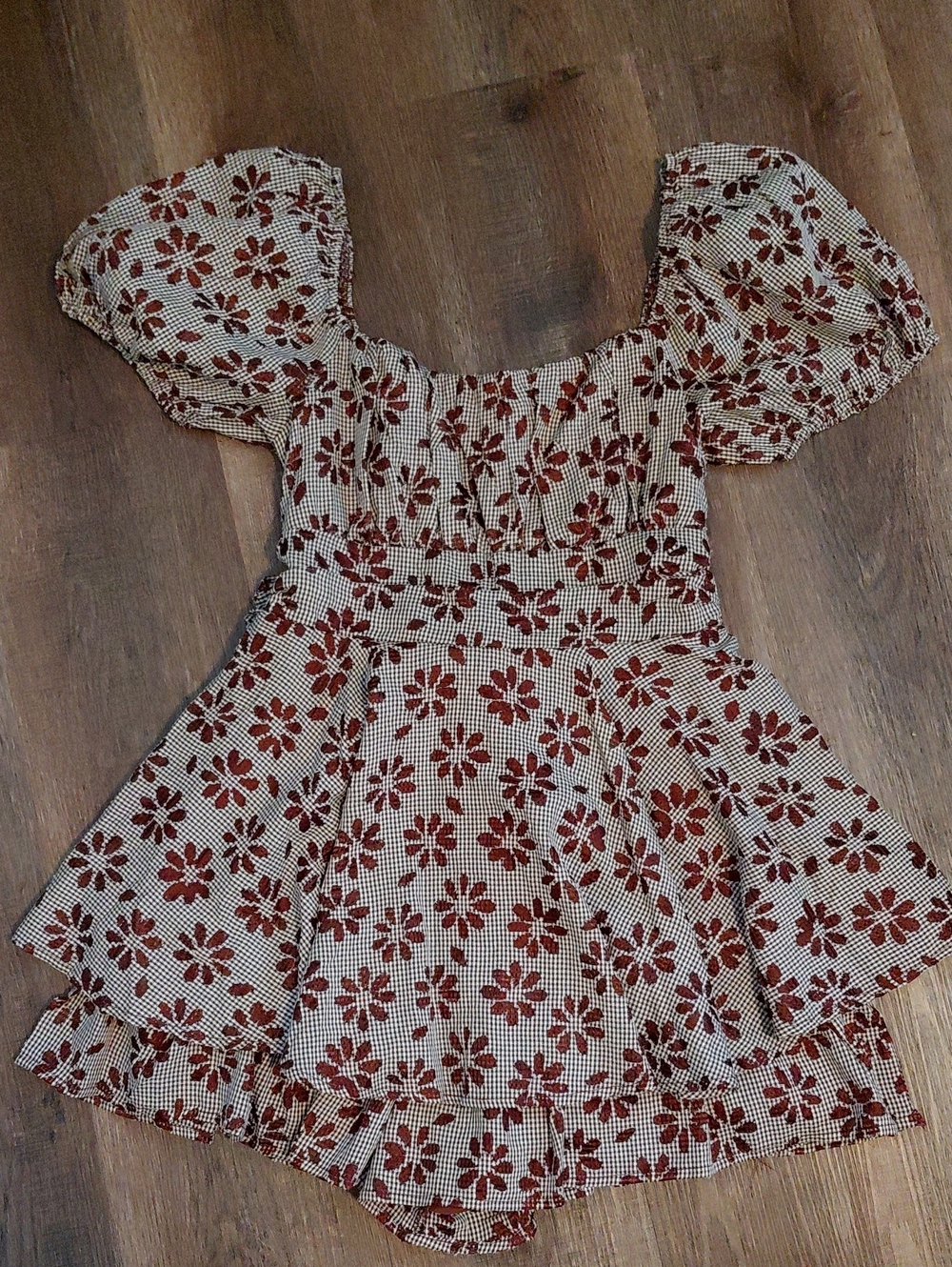 Girls Rust Floral Puff-Sleeve Cotton Dress